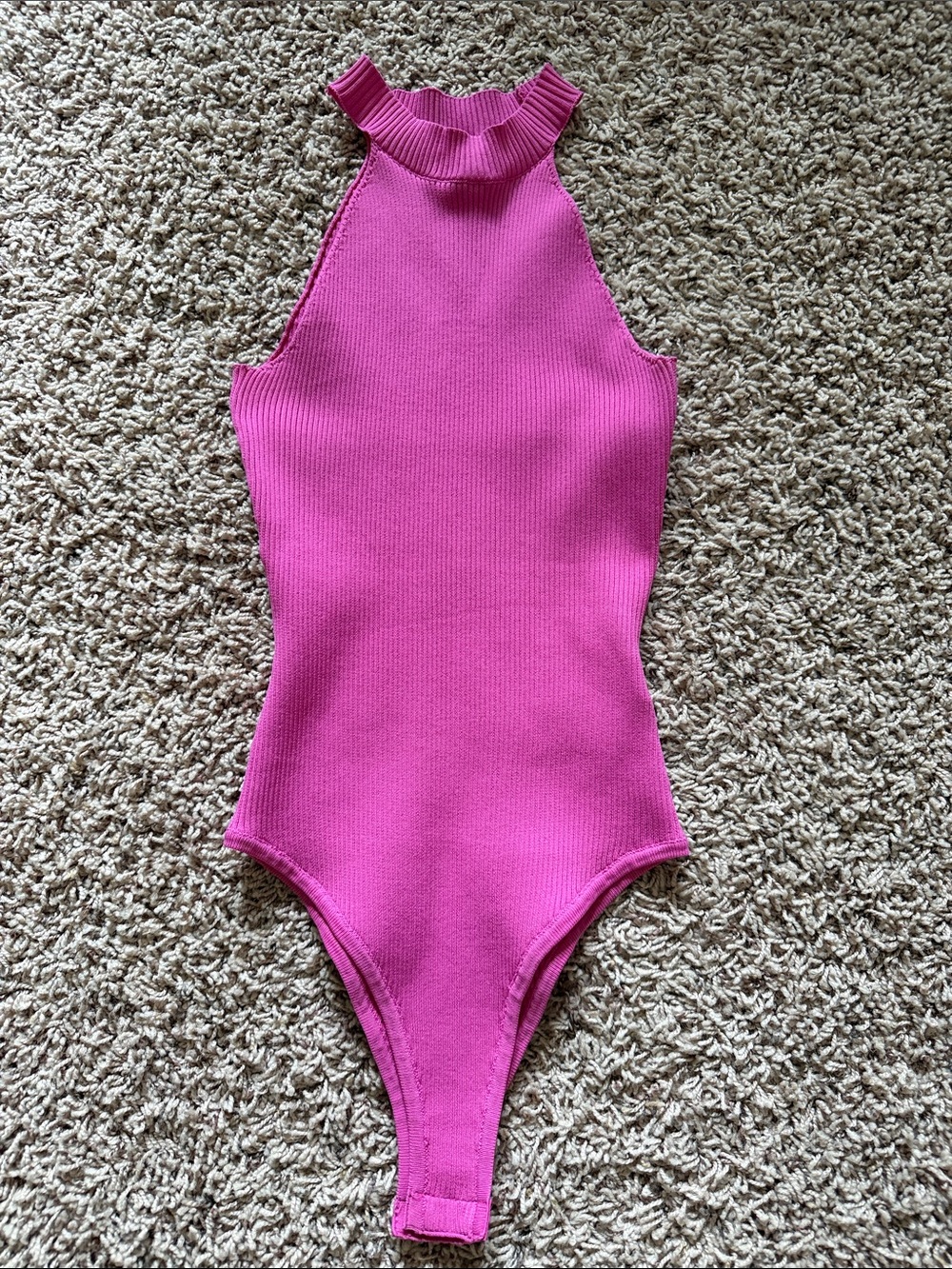 Ribbed Halter Bodysuit in Fuchsia Pink